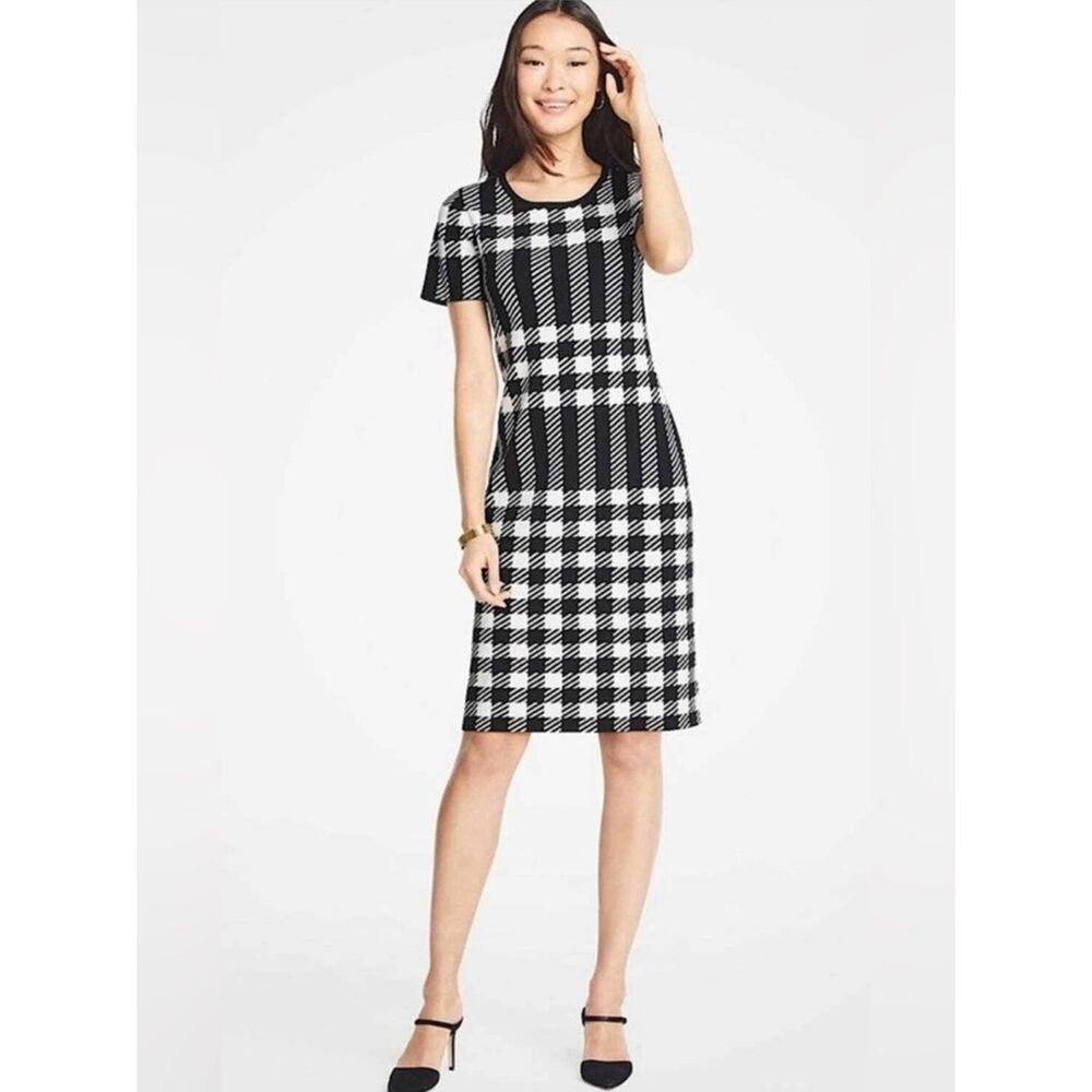 Ann Taylor Houndstooth Plaid Dress XS Viscose Stretch Black White